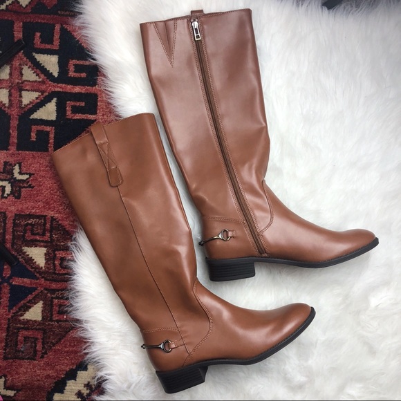 Sam Libby Tall Knee High Riding Boot Faux Leather Full Zipper Low Heel Brown